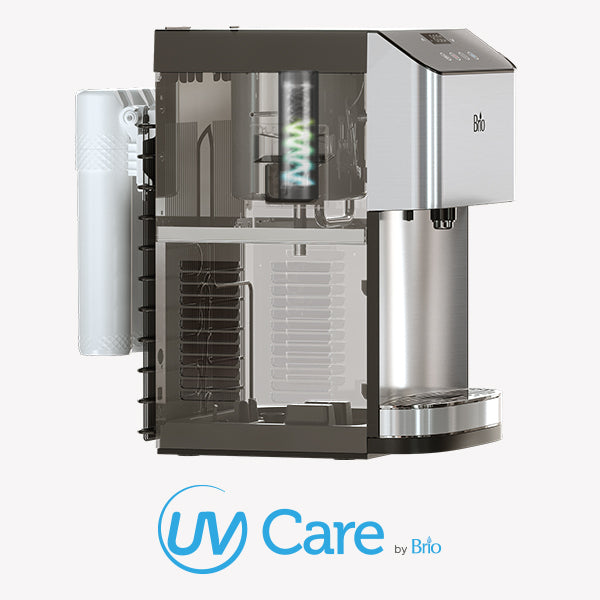 A UV water dispenser with a visible filtration system, transparent casing, and stainless steel front panel. The logo UV Care by Brio is displayed below the device on a white background.